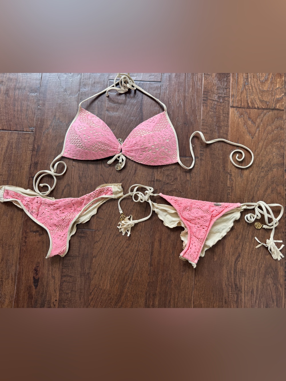 Luli Fama Shimmery Cream Bikini with Pink Crochet Trim